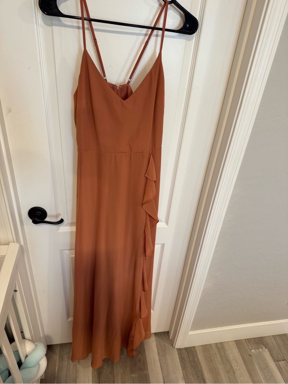 Birdy Grey Rust-Copper Spaghetti-Strap Ruffle Maxi Dress